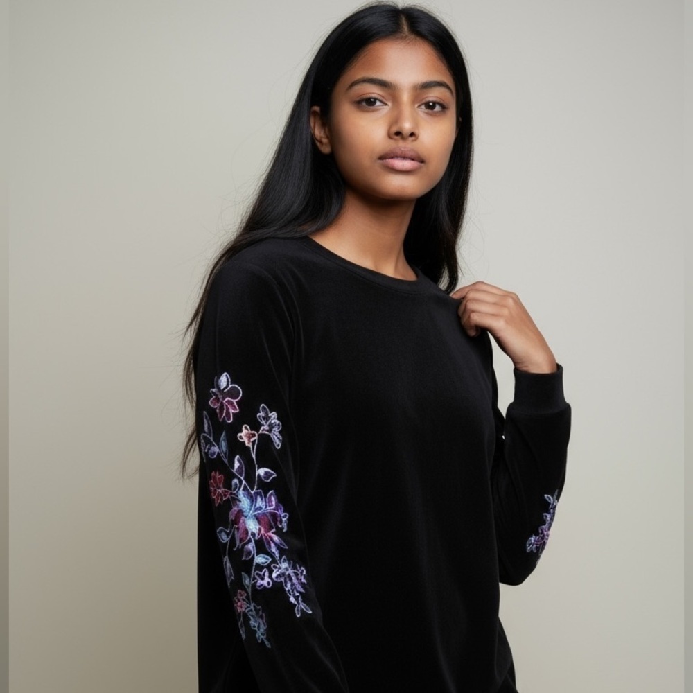 Susan Graver Medium ladies black sweater very good condition. Embroidered sleeve